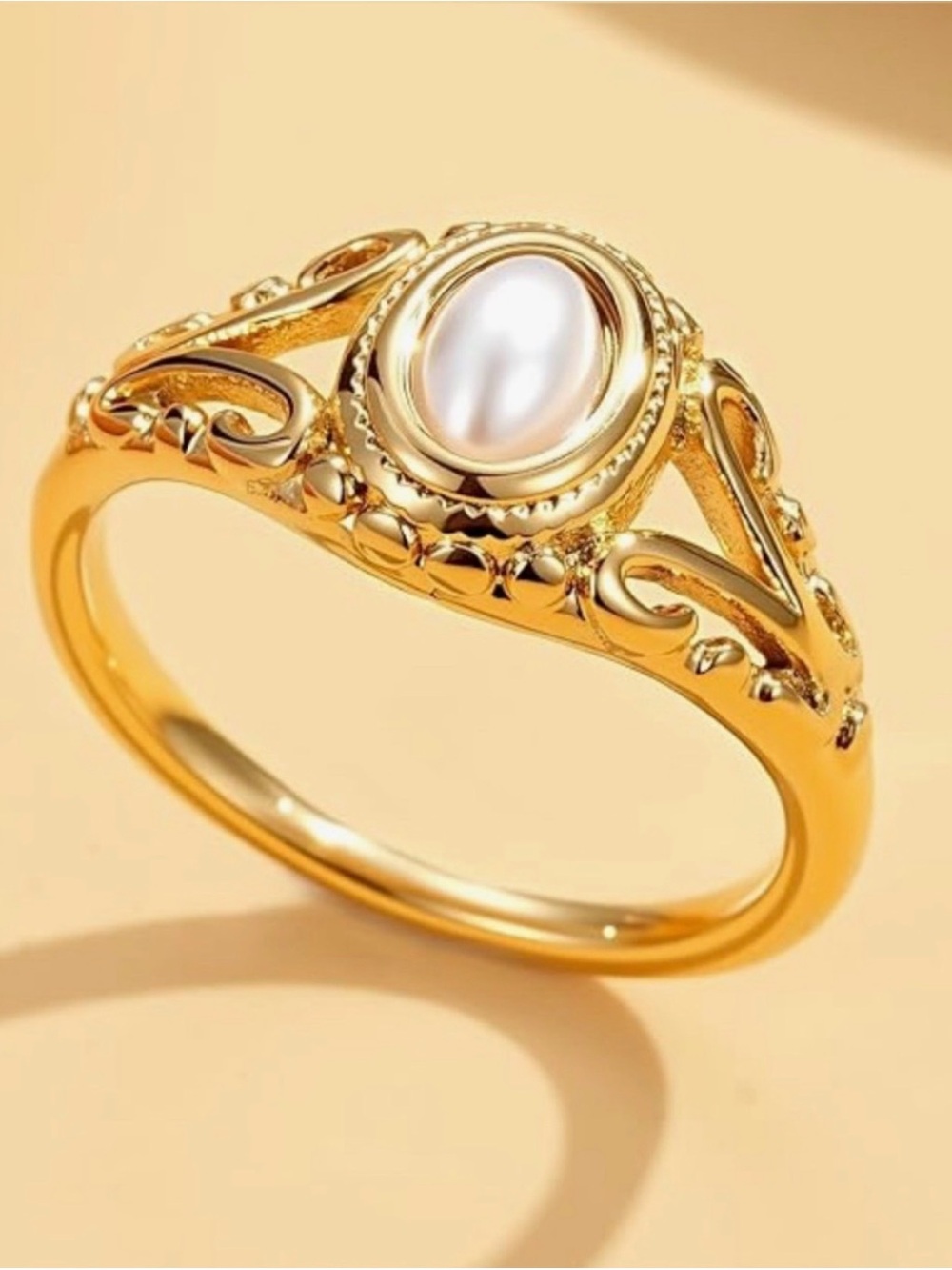 Gold Pearl Oval Filigree Ring - Women Jewelry